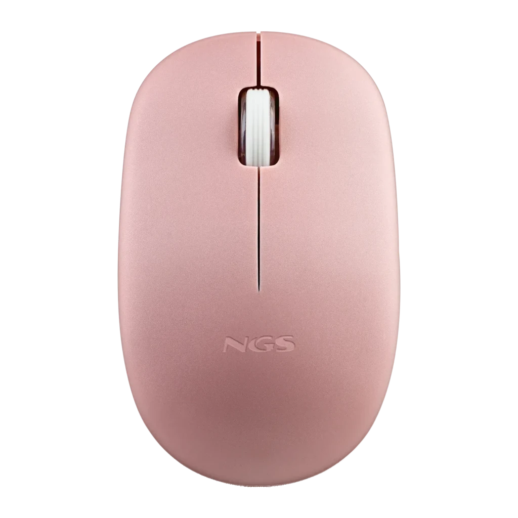 Ratón NGS Fog Pro Rosa Inalámbrico Ergonómico Silencioso, detalle: vista superior con rueda blanca y logo NGS en relieve