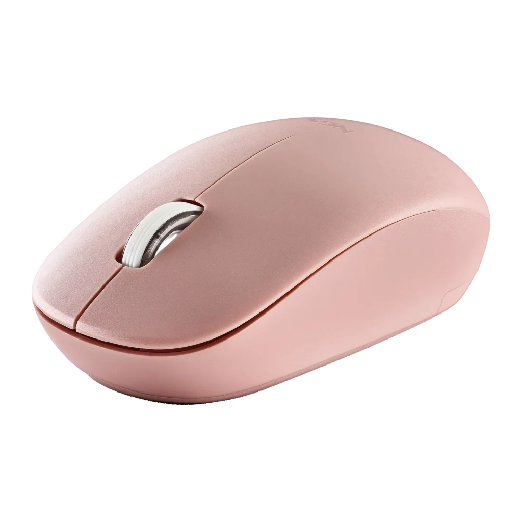 Ratón NGS Fog Pro Rosa Inalámbrico Ergonómico Silencioso, detalle: cuerpo rosa con rueda plateada y botones silenciosos