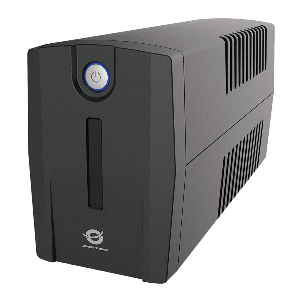 Onduleur UPS Conceptronic Zeus 02E Ligne Interactive 850VA 480W Noir, vue de face: bouton d'alimentation bleu, grilles