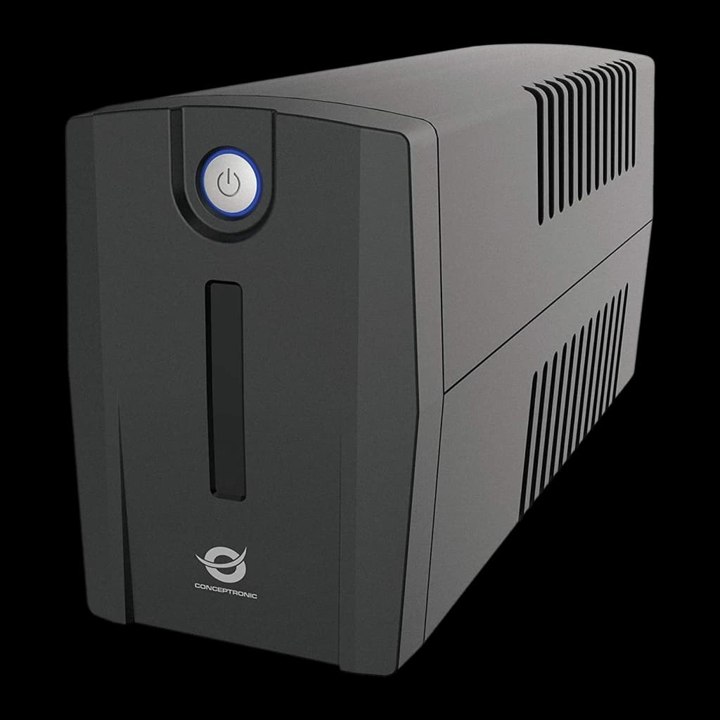 Onduleur UPS Conceptronic Zeus 02E Ligne Interactive 850VA 480W Noir, vue de face: bouton d'alimentation bleu, grilles