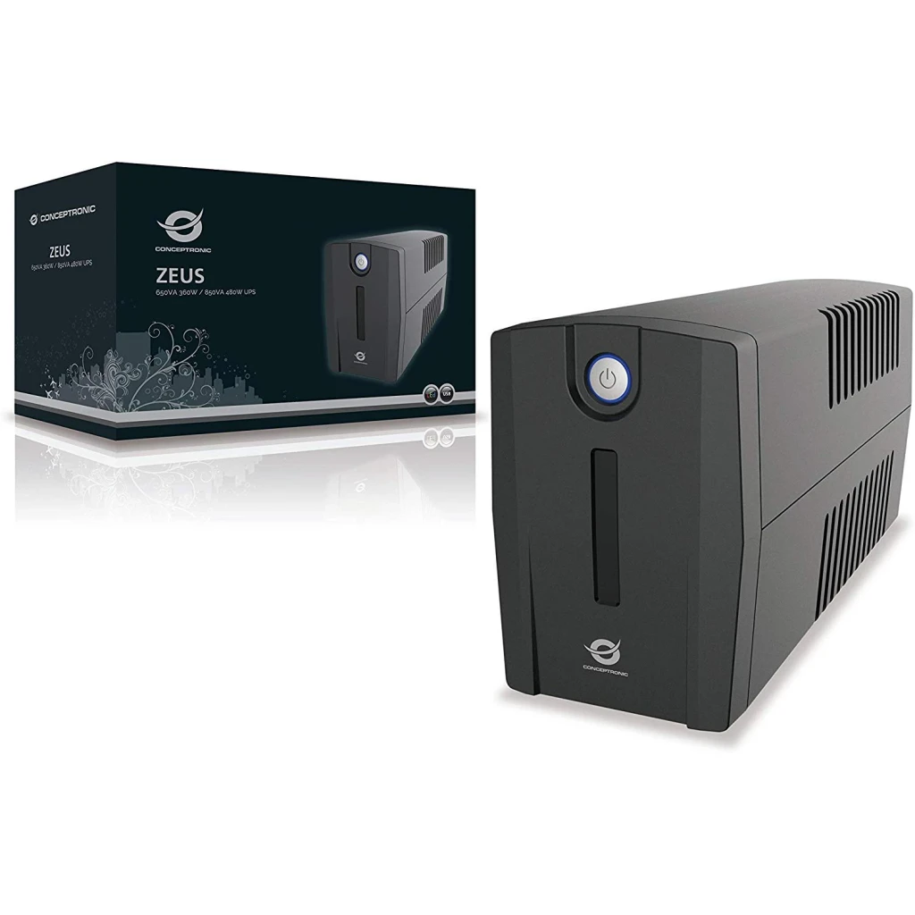 Onduleur UPS Conceptronic Zeus 02E Ligne Interactive 850VA 480W Noir, contenu boîte: onduleur noir bouton bleu et boîte