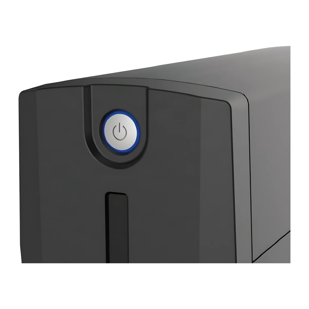 Onduleur UPS Conceptronic Zeus 02E Ligne Interactive 850VA 480W Noir, détail: bouton d'alimentation circulaire avec anneau