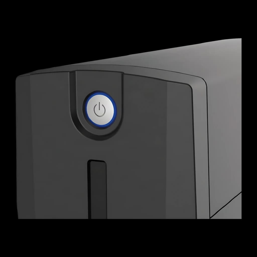 Onduleur UPS Conceptronic Zeus 02E Ligne Interactive 850VA 480W Noir, détail: bouton d'alimentation circulaire avec anneau