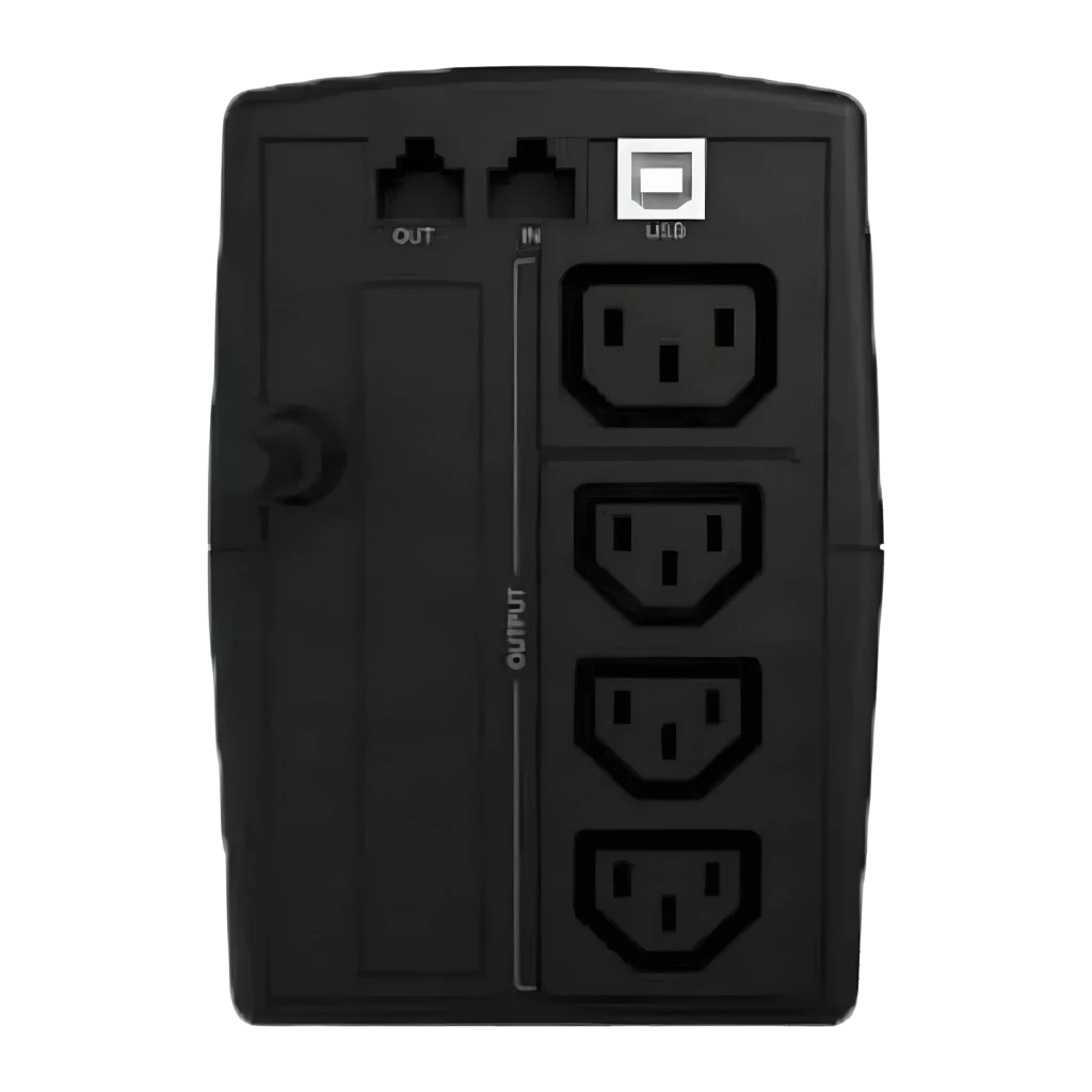 Onduleur UPS Conceptronic Zeus 02E Ligne Interactive 850VA 480W Noir, vue arrière: 4 prises IEC, ports RJ45 et connecteur