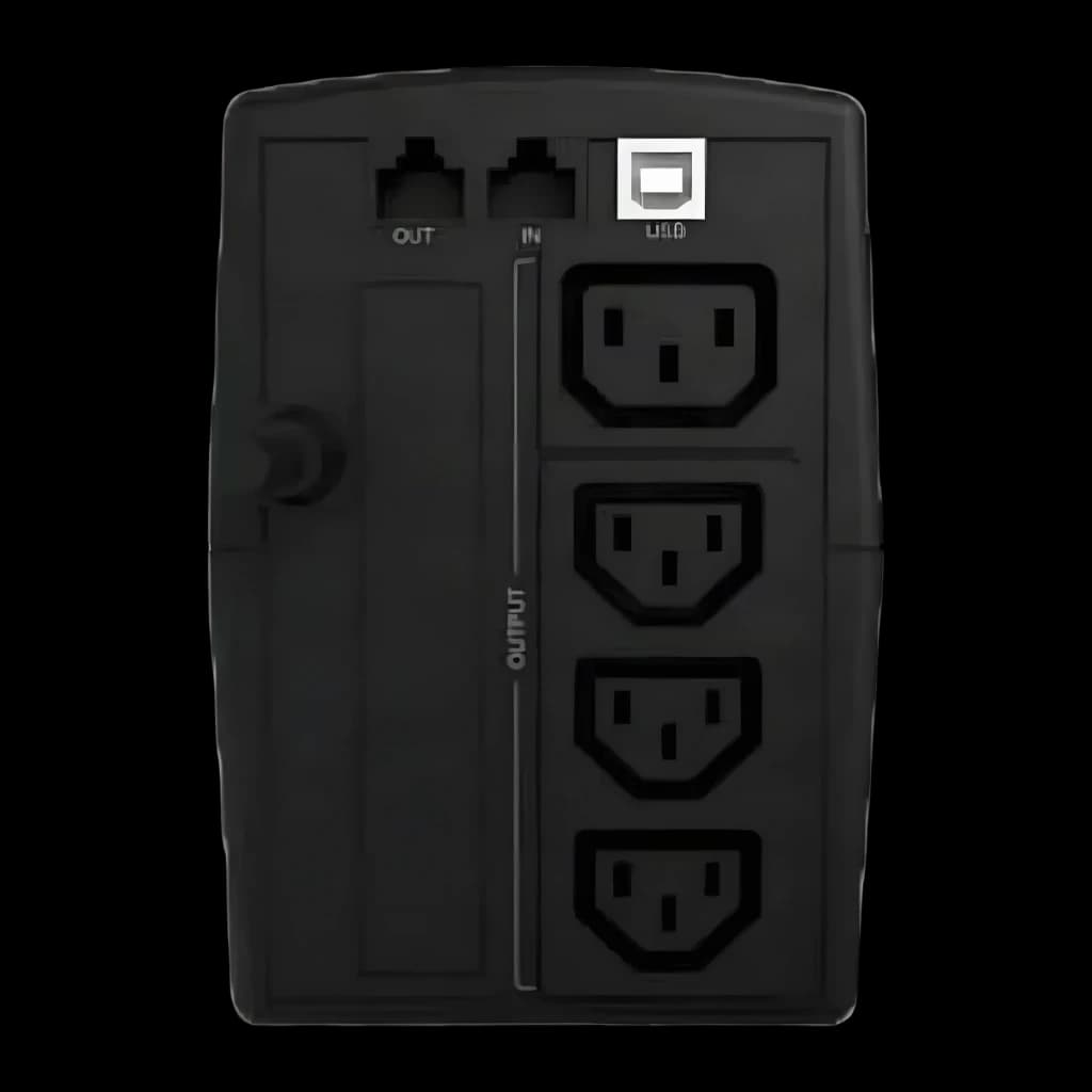Onduleur UPS Conceptronic Zeus 02E Ligne Interactive 850VA 480W Noir, vue arrière: 4 prises IEC, ports RJ45 et connecteur