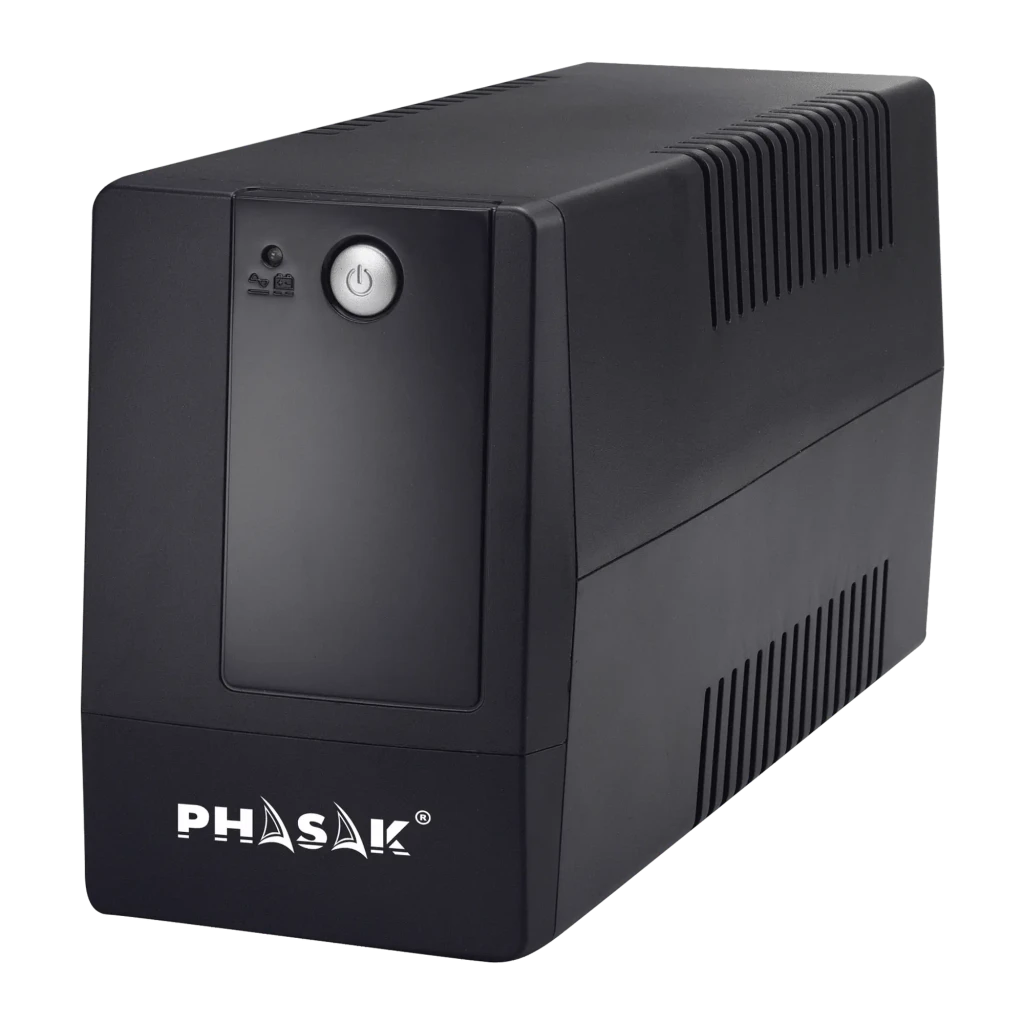 UPS Phasak Basic Interactive 800 VA PH 9408 Preto, vista frontal: carcaça preta mate, botão de energia circular, grelhas
