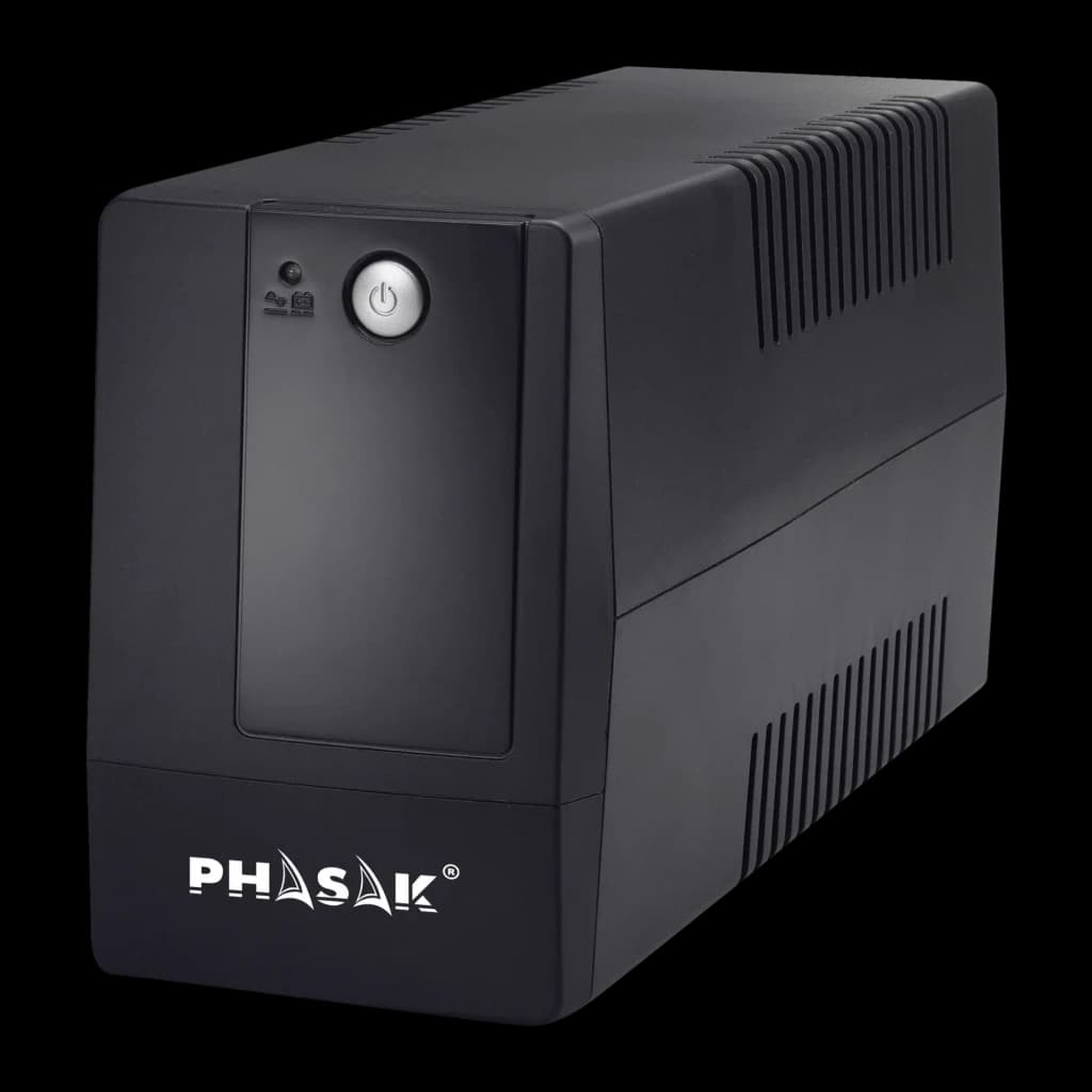 UPS Phasak Basic Interactive 800 VA PH 9408 Preto, vista frontal: carcaça preta mate, botão de energia circular, grelhas