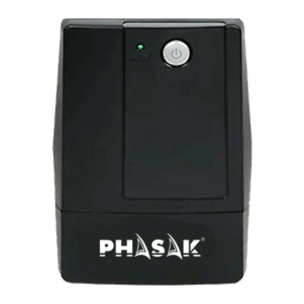 UPS Phasak Basic Interactive 800 VA PH 9408 Preto, detalhe frontal: botão de energia e LED indicador visíveis