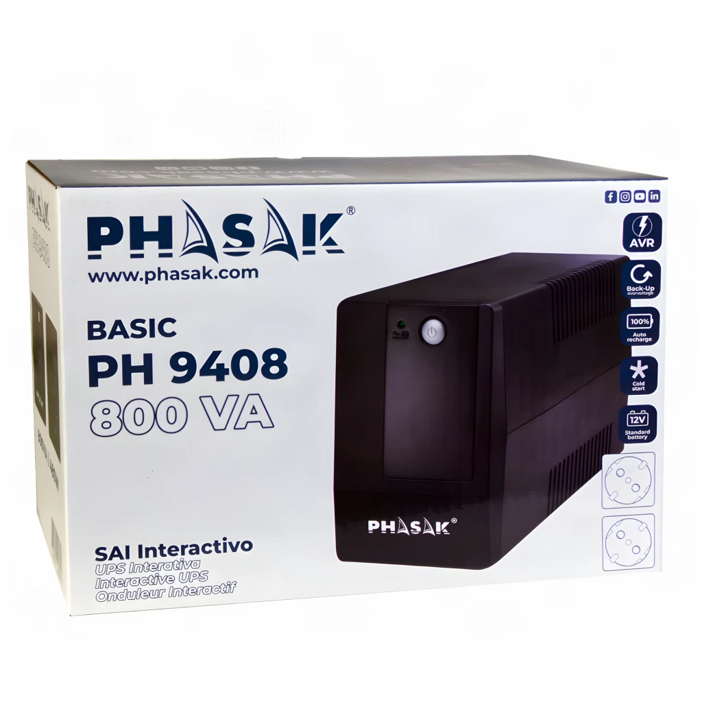 UPS Phasak Basic Interactive 800 VA PH 9408 Preto, conteúdo da caixa: embalagem com foto do UPS preto e ícones AVR, Back-Up