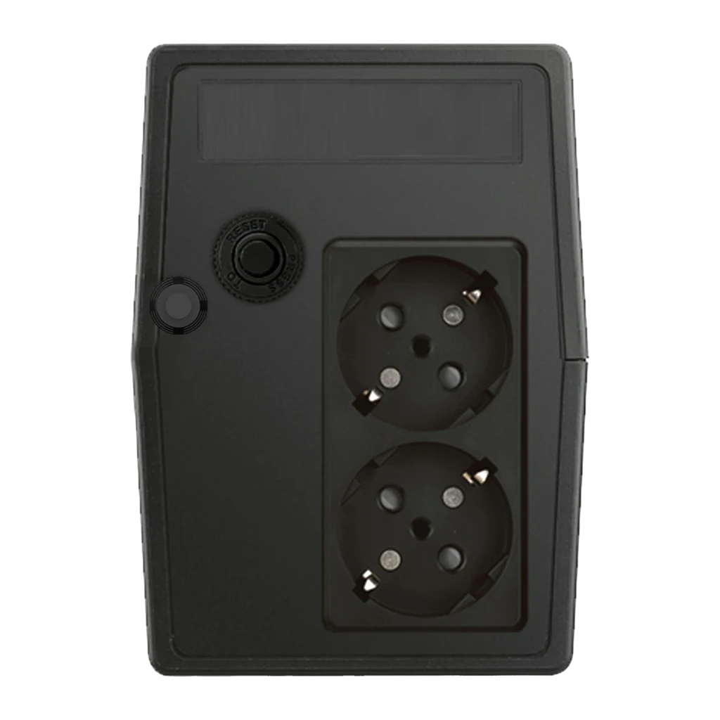 UPS Phasak Basic Interactive 800 VA PH 9408 Preto, vista traseira: duas tomadas Schuko e botão reset