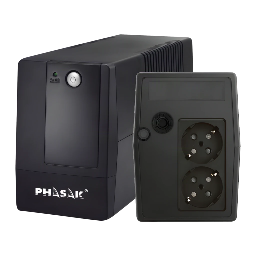 UPS Phasak Basic Interactive 800 VA PH 9408 Preto, detalhe: painel traseiro com duas tomadas Schuko e frontal com botão