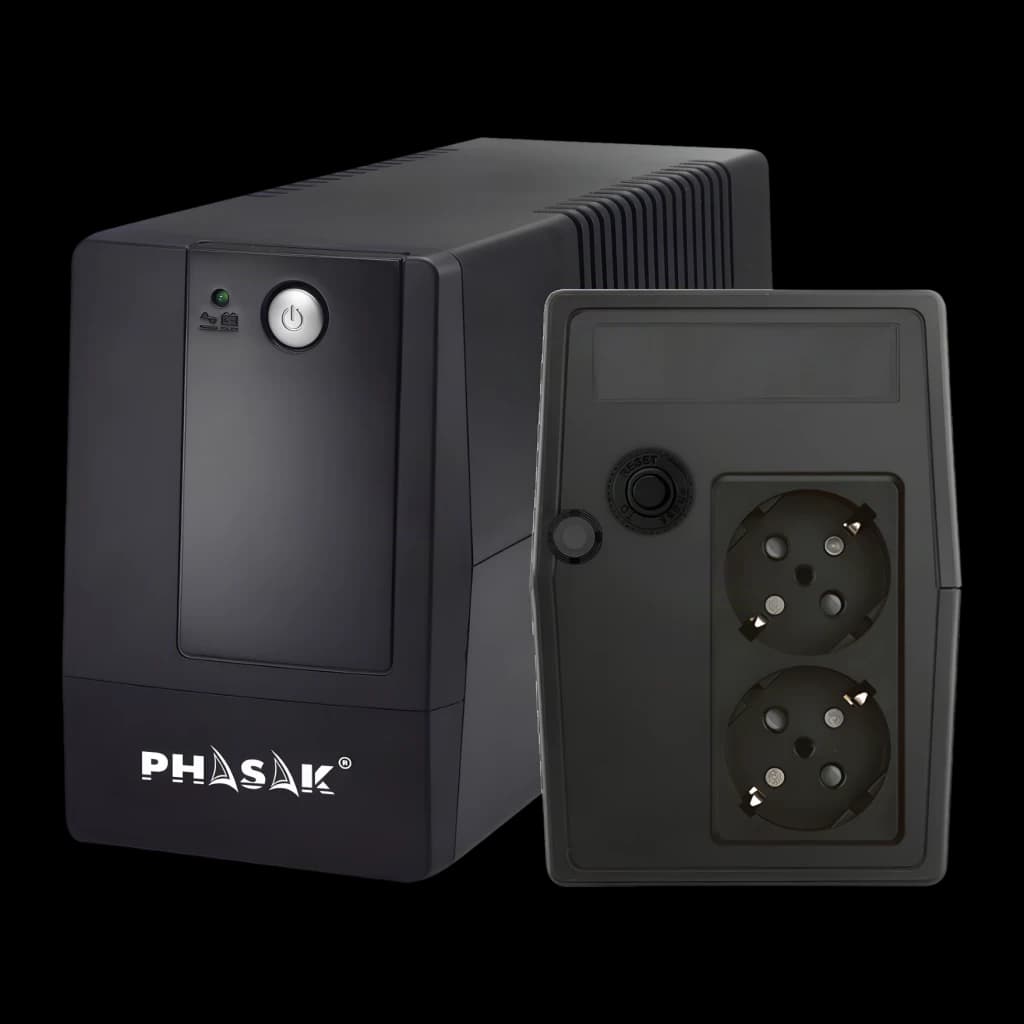 UPS Phasak Basic Interactive 800 VA PH 9408 Preto, detalhe: painel traseiro com duas tomadas Schuko e frontal com botão