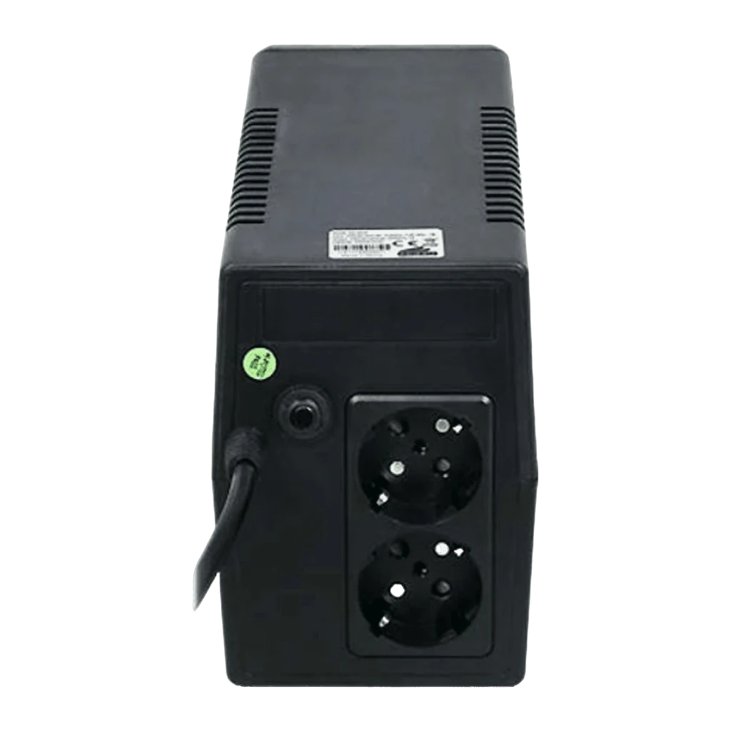 UPS Phasak Basic Interactive 800 VA PH 9408 Preto, vista traseira: duas tomadas Schuko, cabo de alimentação e etiqueta