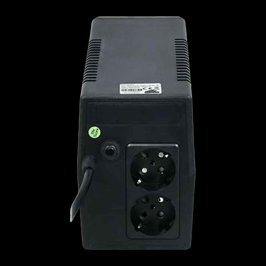 UPS Phasak Basic Interactive 800 VA PH 9408 Preto, vista traseira: duas tomadas Schuko, cabo de alimentação e etiqueta