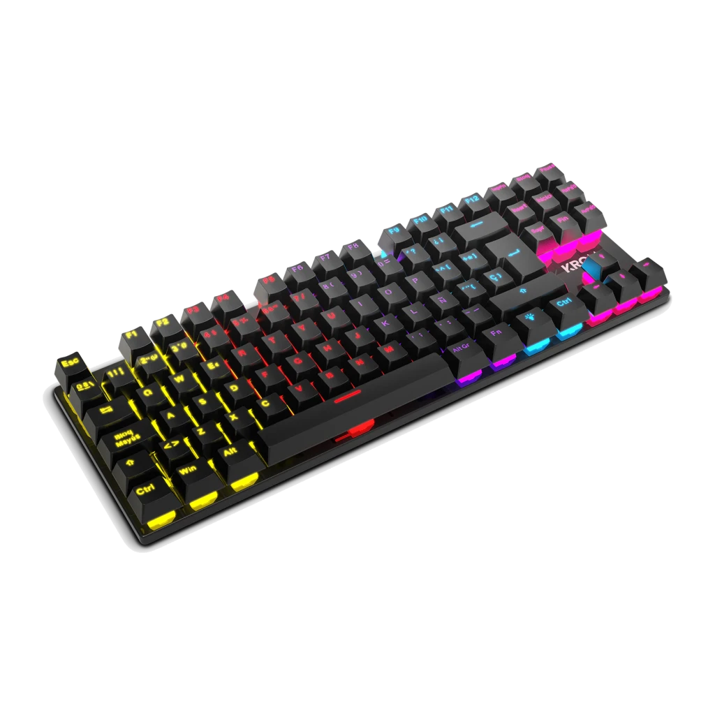 Teclado Gaming Krom Kasic TKL Red Switch RGB 87 Teclas Negro, vista frontal: teclas iluminadas en amarillo, rojo, rosa