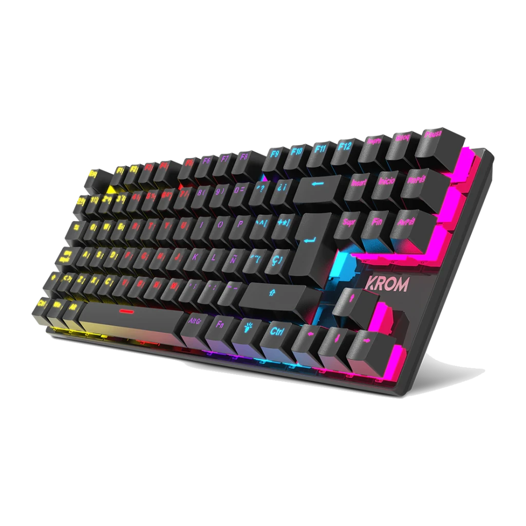 Teclado Gaming Krom Kasic TKL Red Switch RGB 87 Teclas Negro, detalle: vista angular con iluminación RGB multicolor