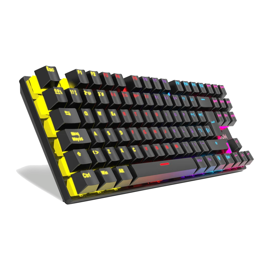 Teclado Gaming Krom Kasic TKL Red Switch RGB 87 Teclas Negro, detalle: vista en ángulo con iluminación RGB multicolor
