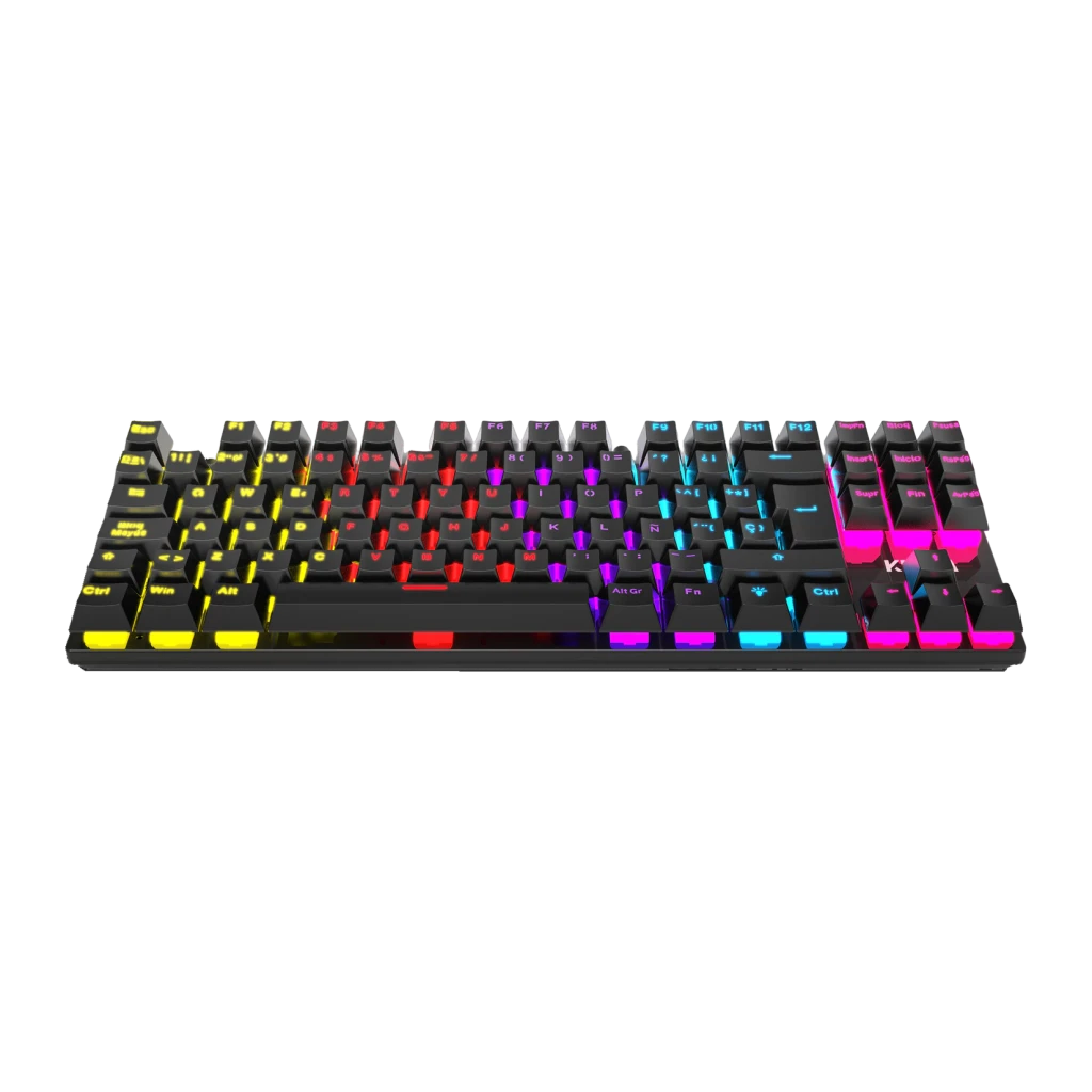 Teclado Gaming Krom Kasic TKL Red Switch RGB 87 Teclas Negro, detalle: vista en perspectiva con iluminación RGB multicolor