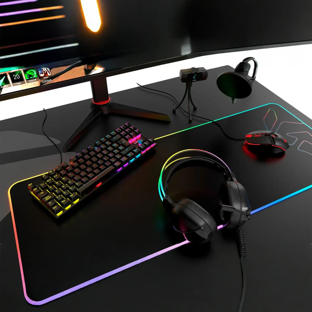 Teclado Gaming Krom Kasic TKL Red Switch RGB 87 Teclas Negro, en uso: sobre escritorio gaming con ratón, auriculares