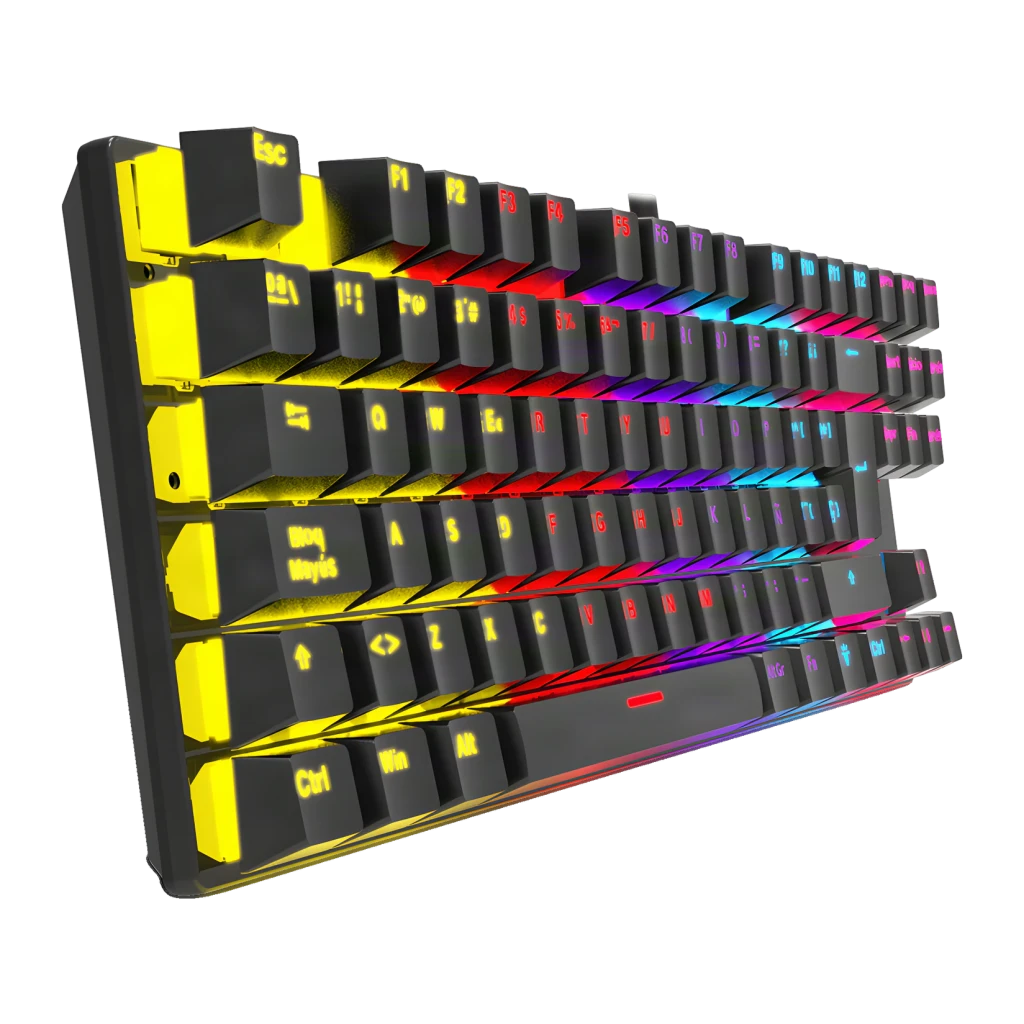 Teclado Gaming Krom Kasic TKL Red Switch RGB 87 Teclas Negro, detalle: vista lateral en ángulo con iluminación RGB