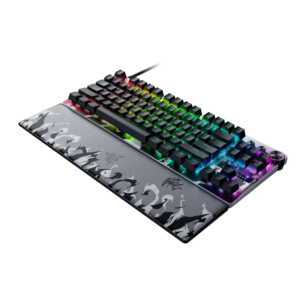 Teclado Gaming Razer Huntsman V3 Pro TKL 8KHz NiKo Edition Switch Óptico Preto, detalhe: vista em ângulo com retroiluminação