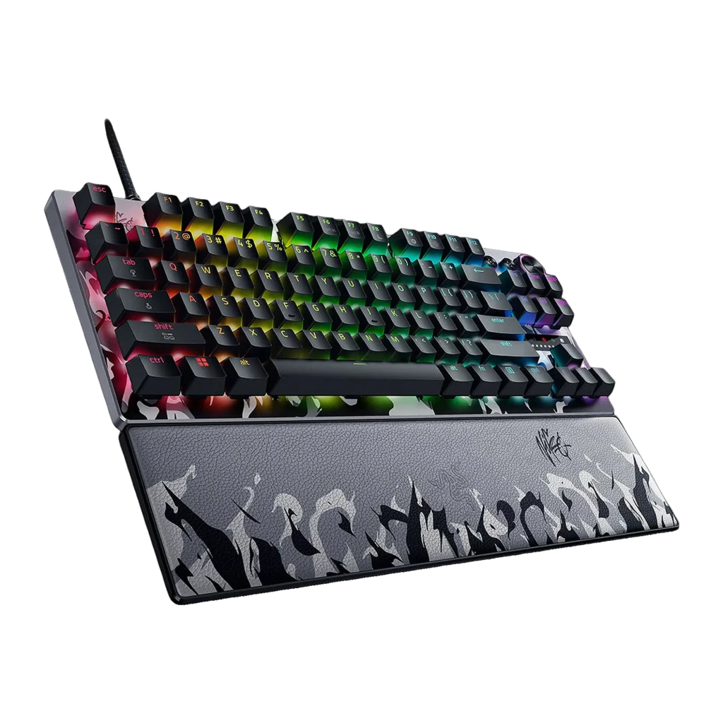 Teclado Gaming Razer Huntsman V3 Pro TKL 8KHz NiKo Edition Switch Óptico Preto, detalhe: apoio de pulso com ilustração NiKo
