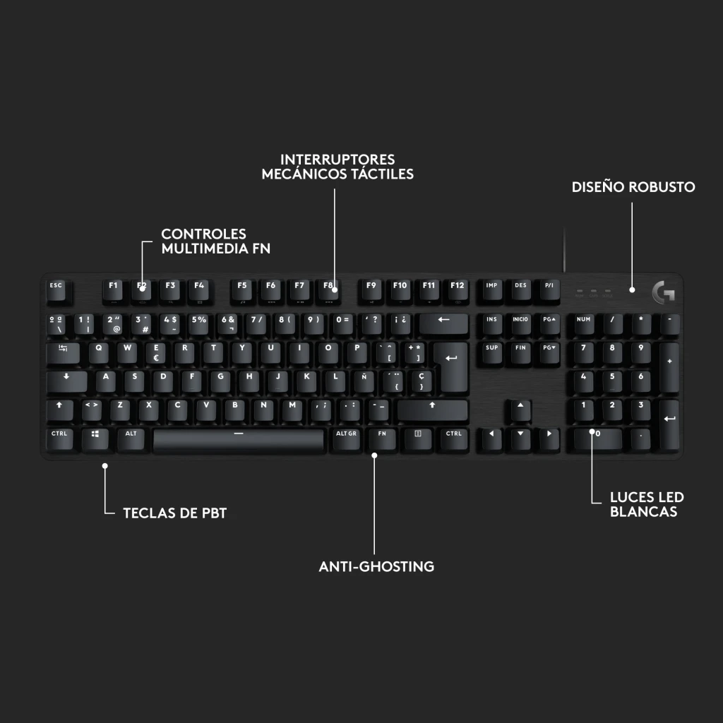 Teclado Gaming Logitech G413 SE Mecánico Logitech Tactile LED Blanco Negro, vista superior con anotaciones: teclas PBT