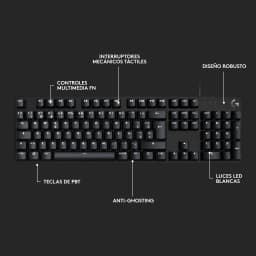Teclado Gaming Logitech G413 SE Mecánico Logitech Tactile LED Blanco Negro, vista superior con anotaciones: teclas PBT
