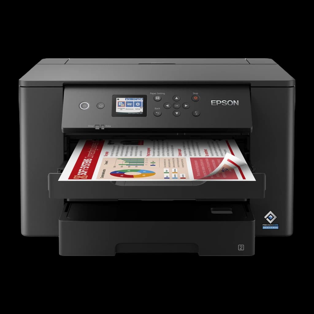 Impresora de inyección Epson WorkForce WF-7310DTW Tinta Negro, vista frontal: pantalla LCD, panel de control y bandeja