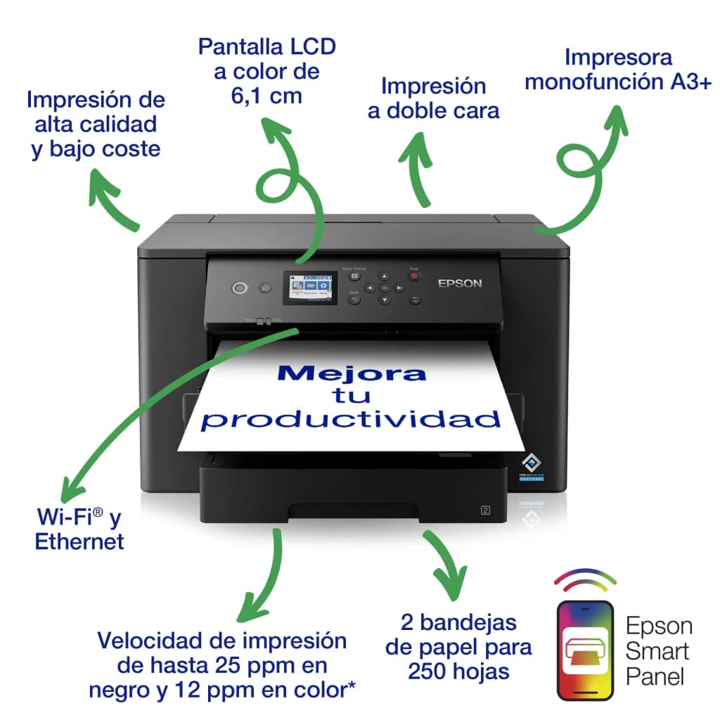 Impresora de inyección Epson WorkForce WF-7310DTW Tinta Negro, infografía: pantalla LCD, doble cara, Wi-Fi, 2 bandejas y 25