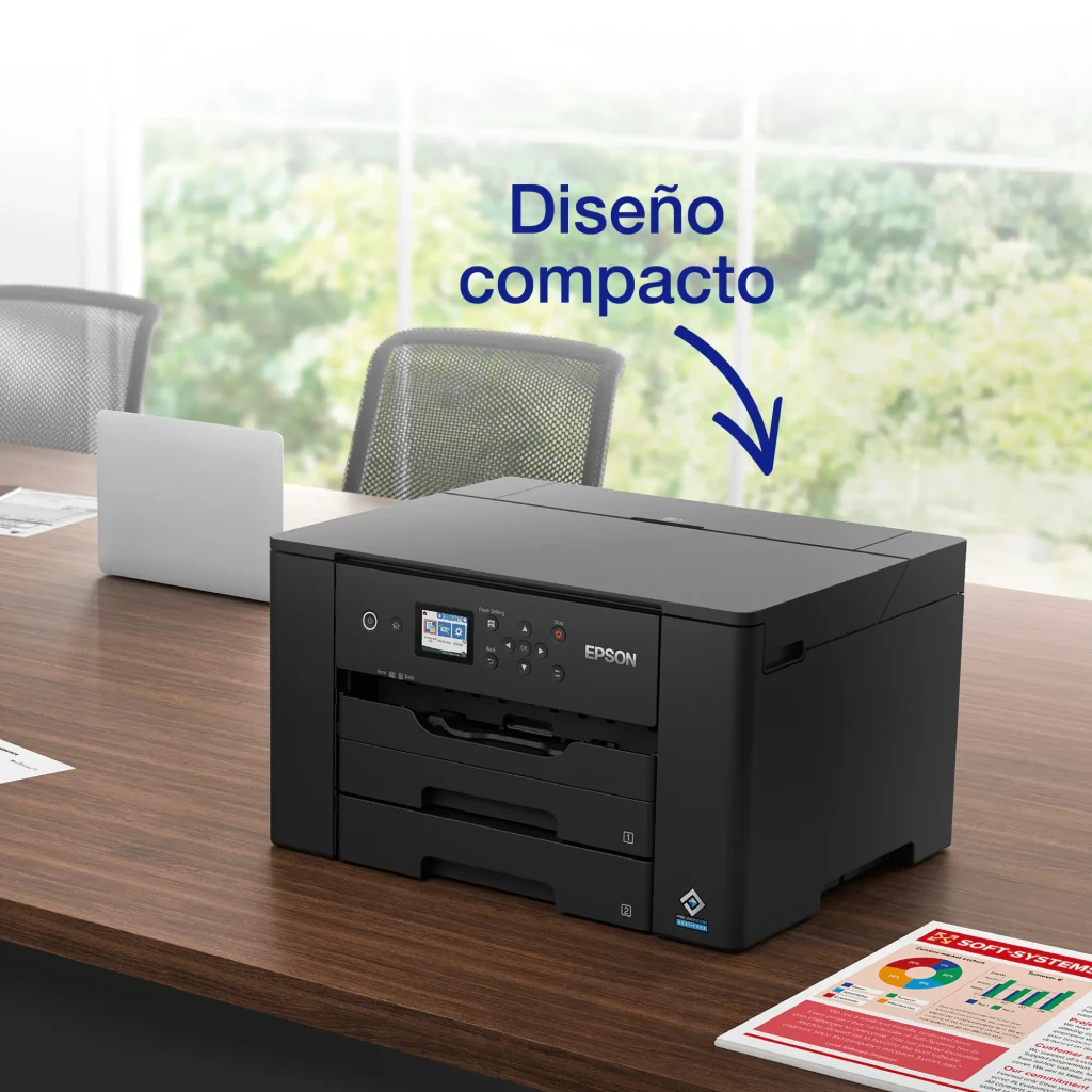 Impresora de inyección Epson WorkForce WF-7310DTW Tinta Negro, en uso: sobre escritorio de oficina, diseño compacto, panel