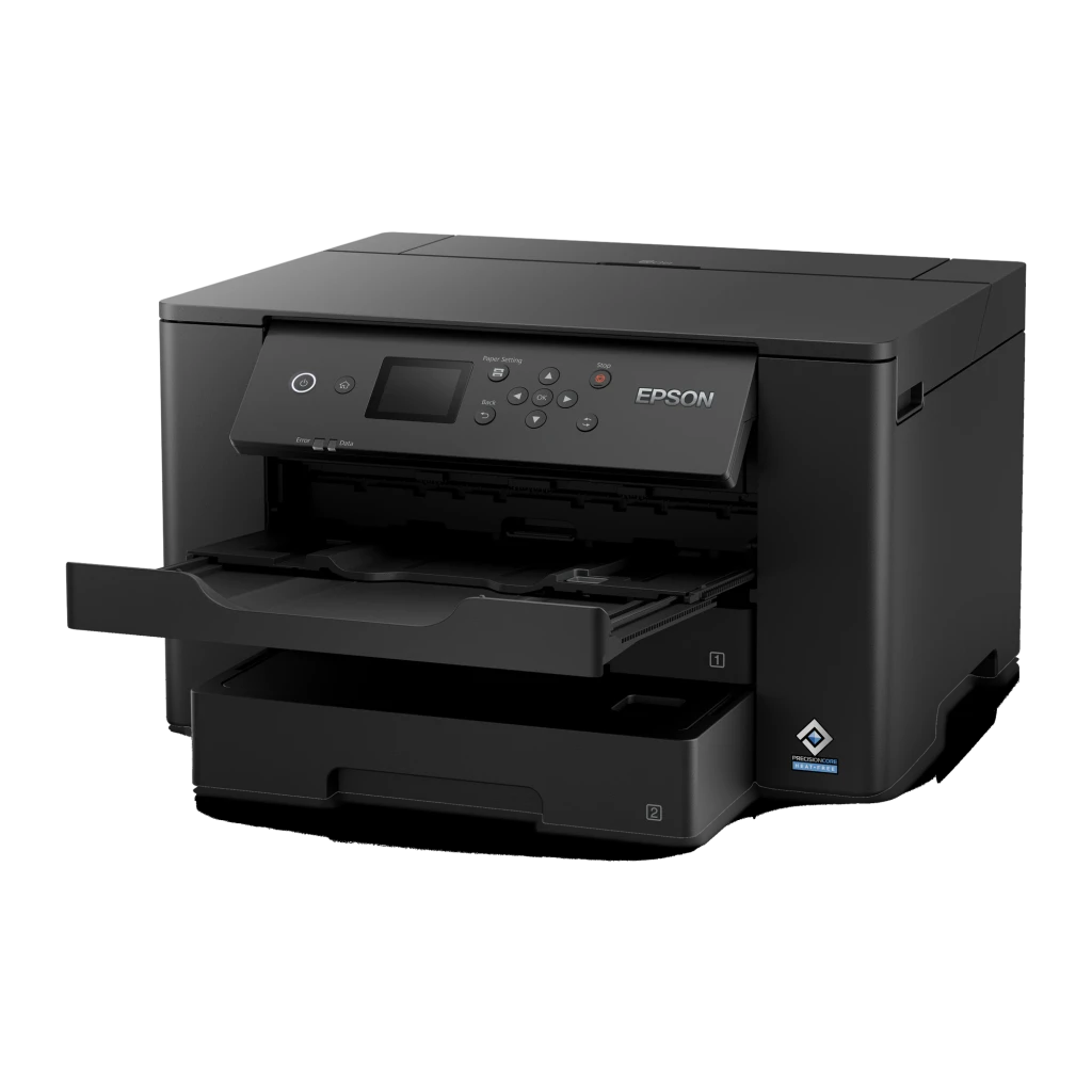 Impresora de inyección Epson WorkForce WF-7310DTW Tinta Negro, detalle: bandejas de papel extraídas y panel de control