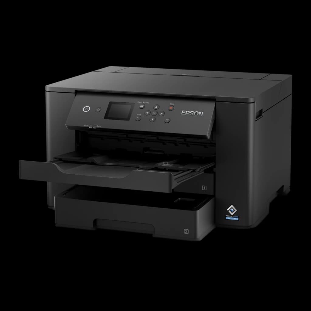 Impresora de inyección Epson WorkForce WF-7310DTW Tinta Negro, detalle: bandejas de papel extraídas y panel de control