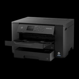 Impresora de inyección Epson WorkForce WF-7310DTW Tinta Negro, detalle: bandejas de papel extraídas y panel de control
