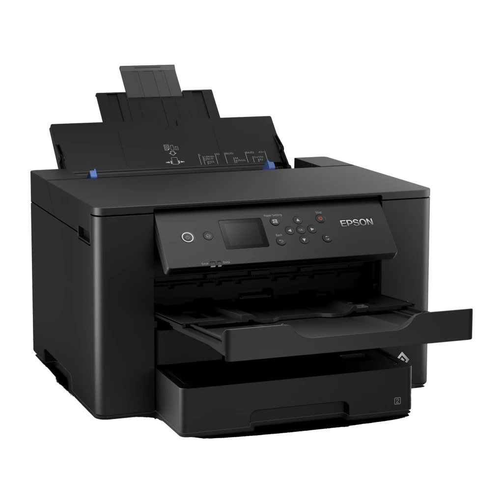 Impresora de inyección Epson WorkForce WF-7310DTW Tinta Negro, detalle: alimentador ADF abierto, panel de control LCD