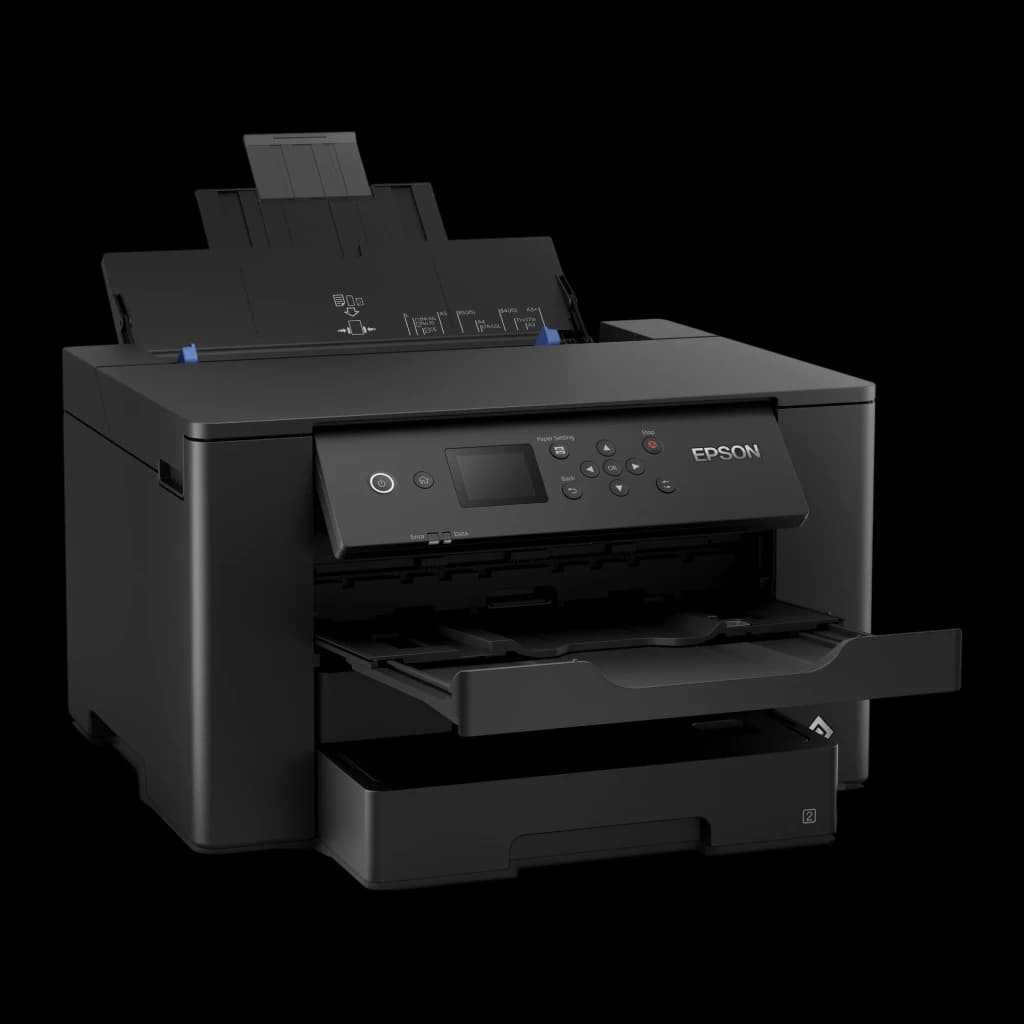 Impresora de inyección Epson WorkForce WF-7310DTW Tinta Negro, detalle: alimentador ADF abierto, panel de control LCD