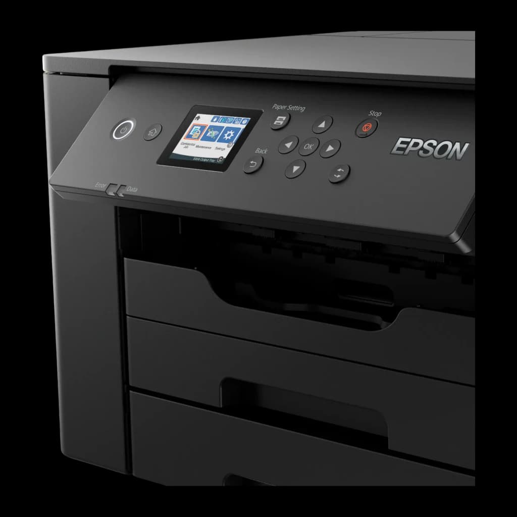 Impresora de inyección Epson WorkForce WF-7310DTW Tinta Negro, detalle: panel de control con pantalla LCD, botones y dos