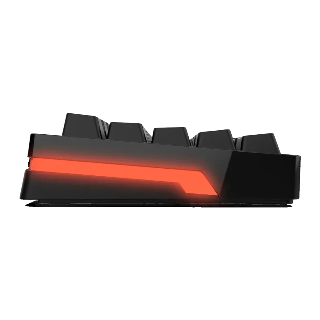 Teclado Gaming Krom Kreator RGB Mecânico Hot-Swap 60% Preto, detalhe lateral: faixa RGB vermelha iluminada na base