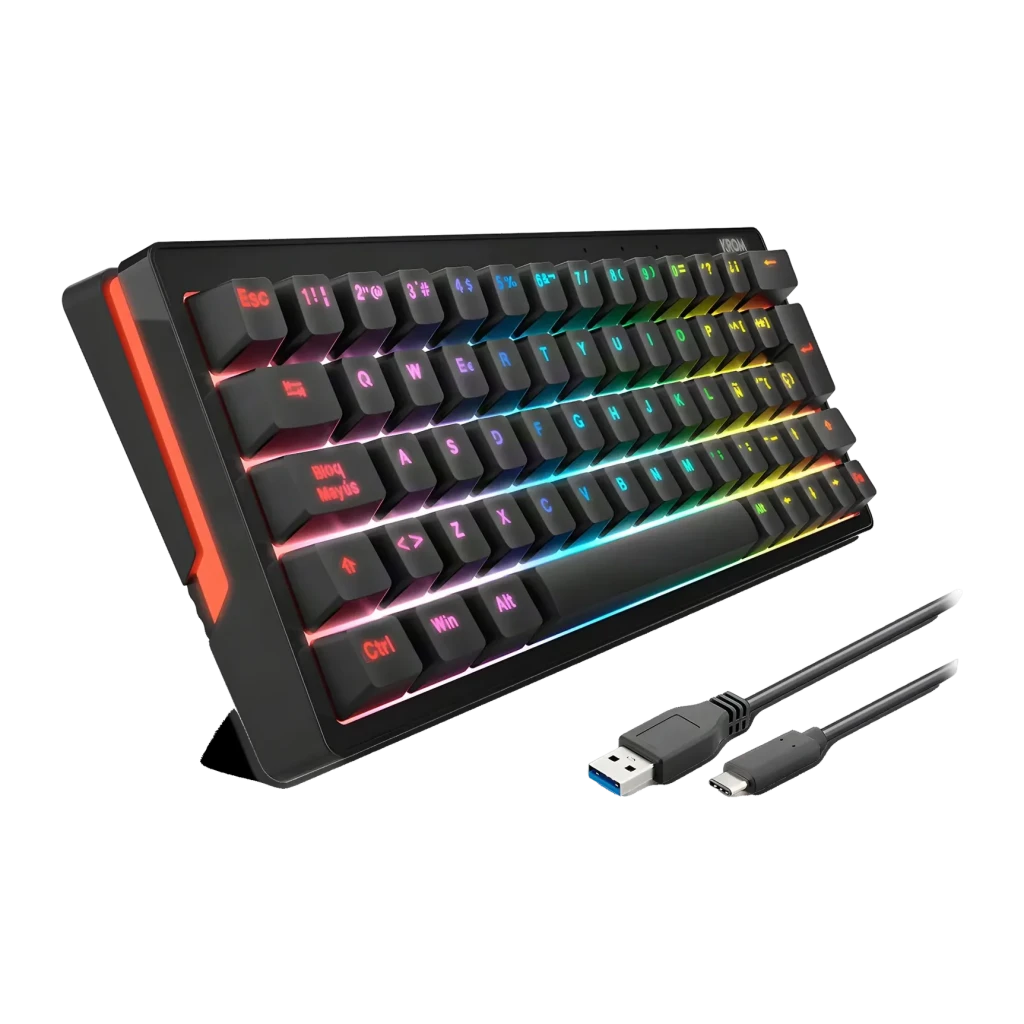 Teclado Gaming Krom Kreator RGB Mecânico Hot-Swap 60% Preto, detalhe: vista lateral com iluminação RGB multicolor e cabo