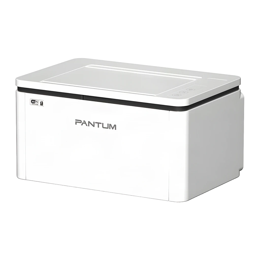 Impresora Pantum BP2300W Láser Monocromo Dúplex Manual Blanco, detalle: vista lateral con logo y icono WiFi visibles