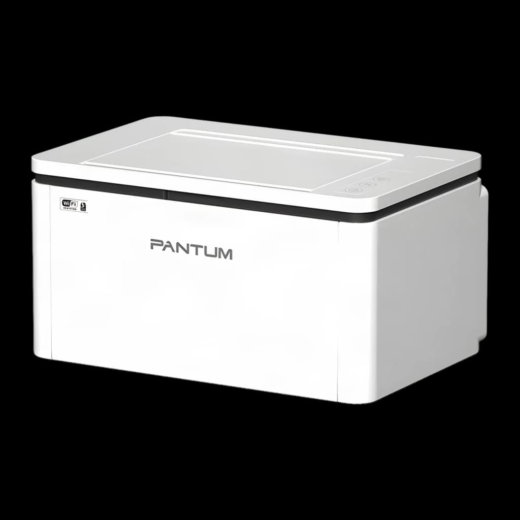 Impresora Pantum BP2300W Láser Monocromo Dúplex Manual Blanco, detalle: vista lateral con logo y icono WiFi visibles
