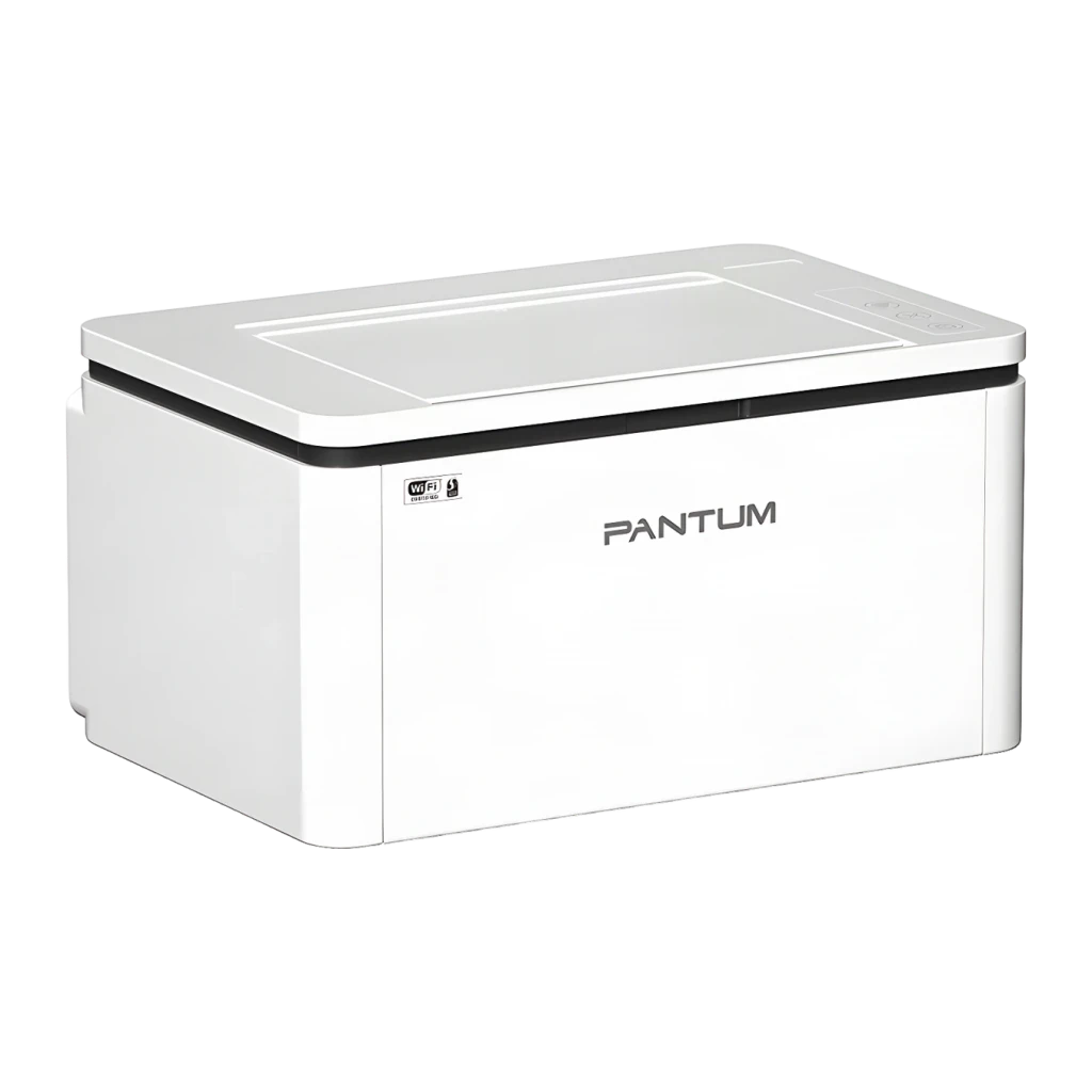 Impresora Pantum BP2300W Láser Monocromo Dúplex Manual Blanco, detalle: vista lateral con logo, icono WiFi y bandeja superior