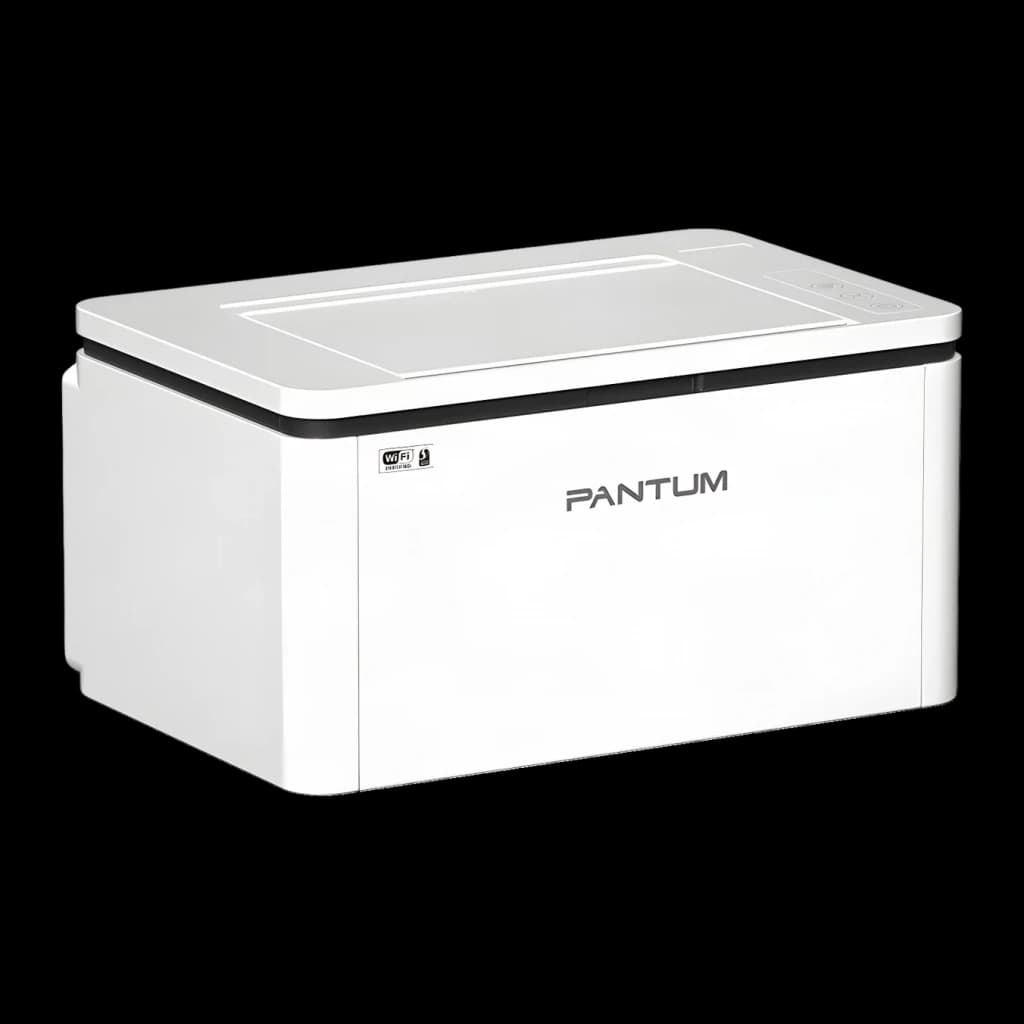 Impresora Pantum BP2300W Láser Monocromo Dúplex Manual Blanco, detalle: vista lateral con logo, icono WiFi y bandeja superior