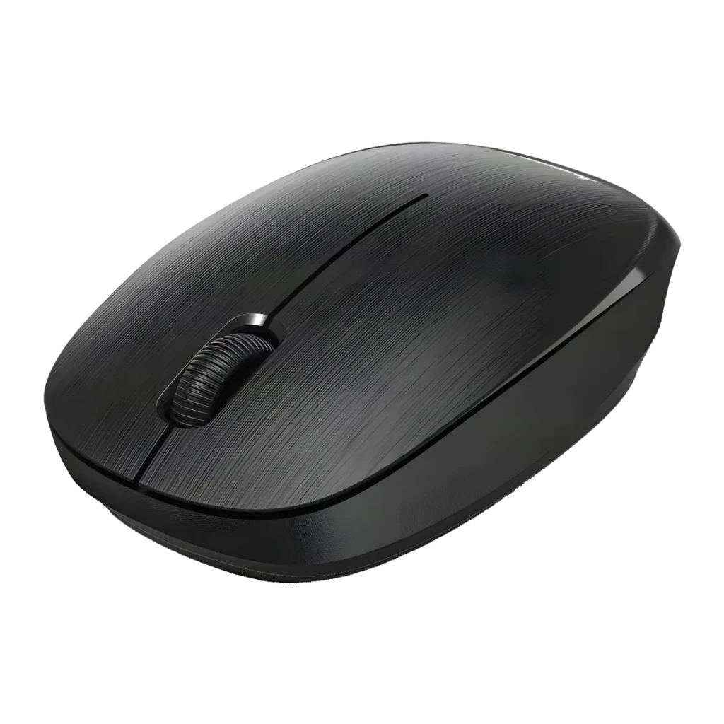 Souris Hama MW-110 Noir Sans Fil, vue de face: corps ovale avec texture brossée et molette de défilement centrale