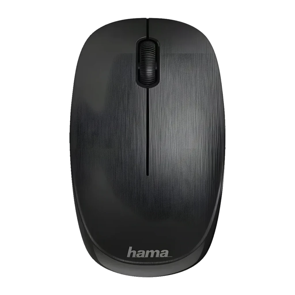 Souris Hama MW-110 Noir Sans Fil, détail dessus: surface texturée brossée, molette de défilement et logo Hama