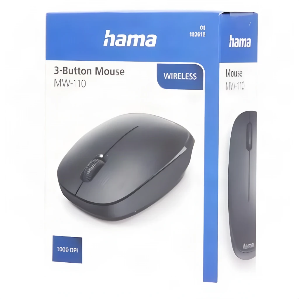 Souris Hama MW-110 Noir Sans Fil, contenu de la boîte: boîte bleue face et côté avec souris, 3 boutons, 1000 DPI