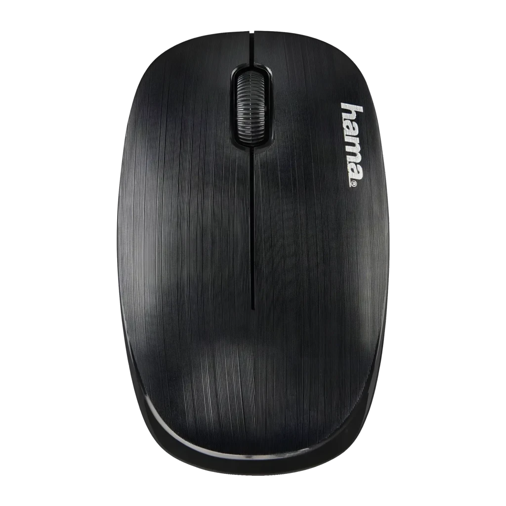 Souris Hama MW-110 Noir Sans Fil, détail: vue du dessus avec texture brossée, molette centrale et logo Hama