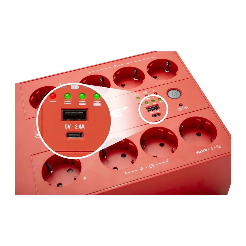 SAI UPS Salicru SPS 850 HOME+ Linha Interativa 650VA 360W Vermelho, detalhe: portas USB-A e USB-C 5V 2.4A ampliadas com LEDs