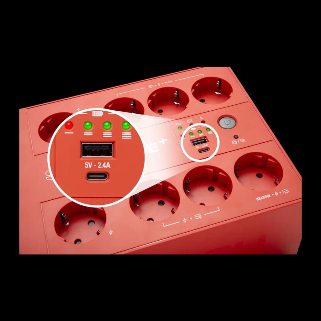 SAI UPS Salicru SPS 850 HOME+ Linha Interativa 650VA 360W Vermelho, detalhe: portas USB-A e USB-C 5V 2.4A ampliadas com LEDs