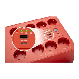SAI UPS Salicru SPS 850 HOME+ Linha Interativa 650VA 360W Vermelho, detalhe: portas USB-A e USB-C 5V 2.4A ampliadas com LEDs